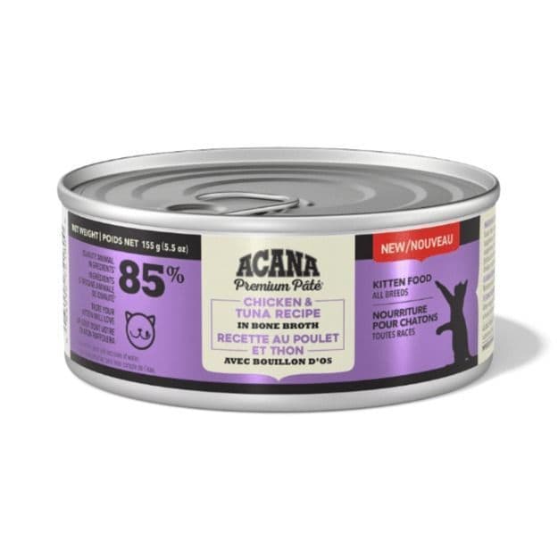 Acana Premium Pate Wet Cat Food in Bone Broth Chicken + Tuna Recipe in Bone Broth for Kittens 155g Can