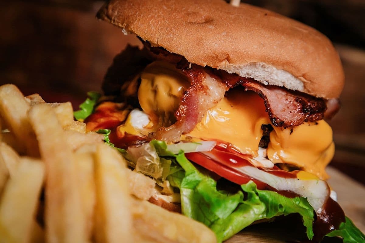 Buffalo Bacon cheese Burger with fries