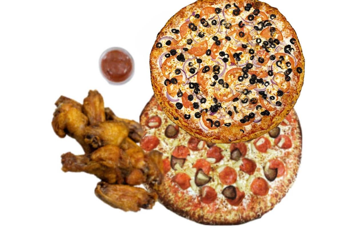 Two Medium Pizzas, 10 wings