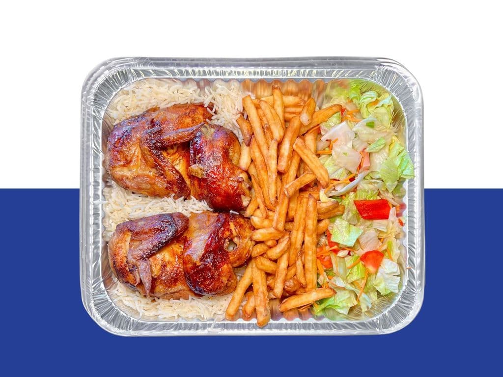 WHOLE CHICKEN PLATTER, 3 Large Sides, 4 buns