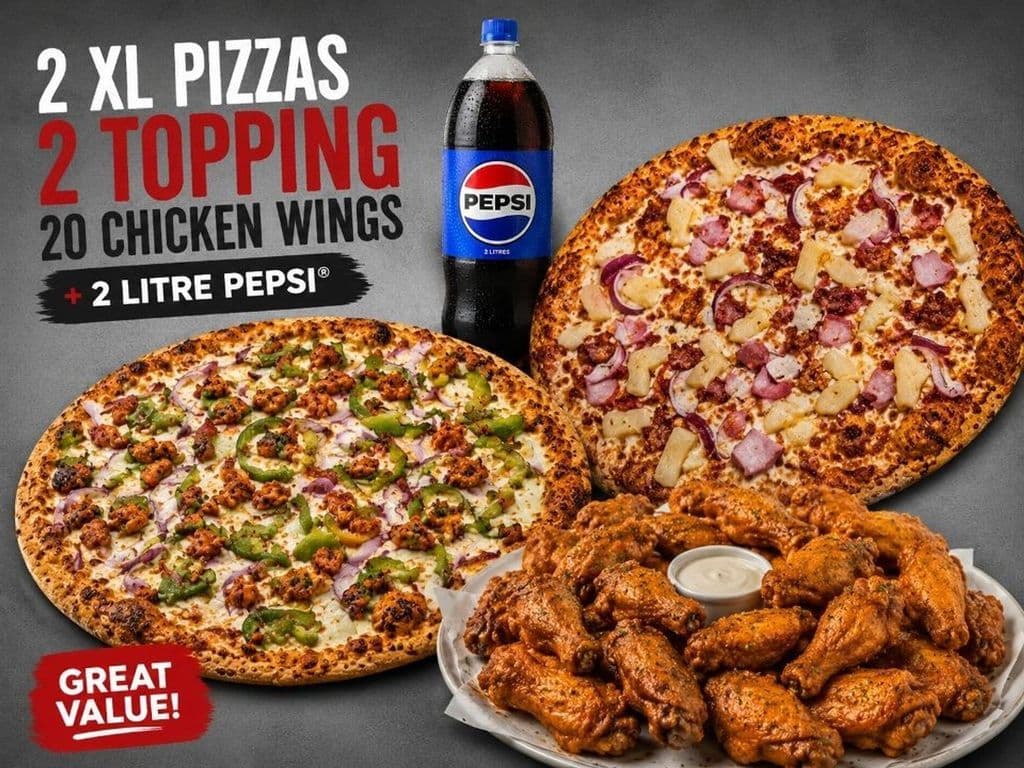2 XL 2-Topping Pizzas + 20 Wings + 2L Pop