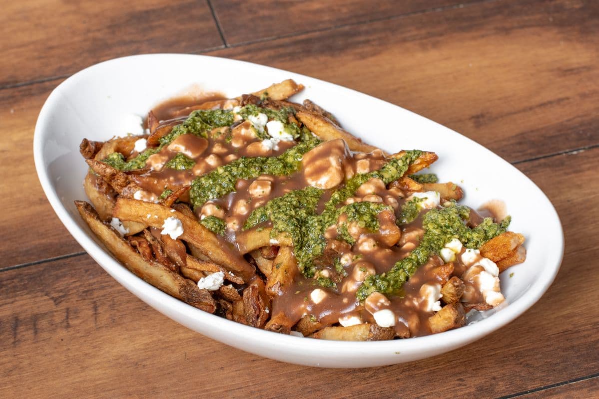 Goat Cheese and Pesto Basil Poutine