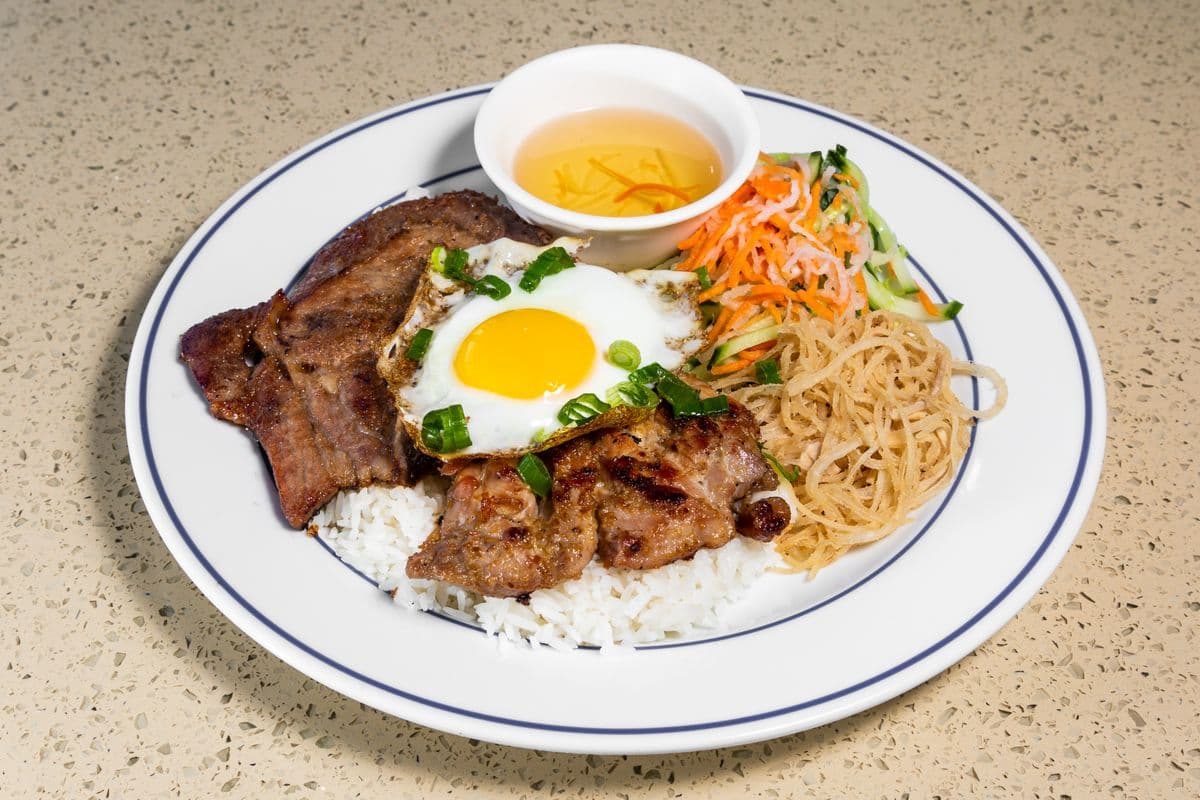48. Lemongrass Chicken, Pork Chop, Shredded Pork, and Fried Egg with Rice - Com Ga, Suron, Bi, Trung Up La
