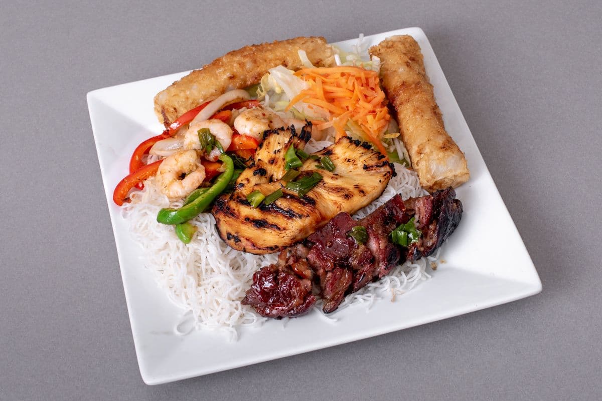 200. Vietnamese Combo with Broiled Pork, Grilled Chicken, Stir-Fried Lemongrass Shrimp, and Your Choice of Spring Rolls (2 pcs) or Fresh Rolls (2 pcs)