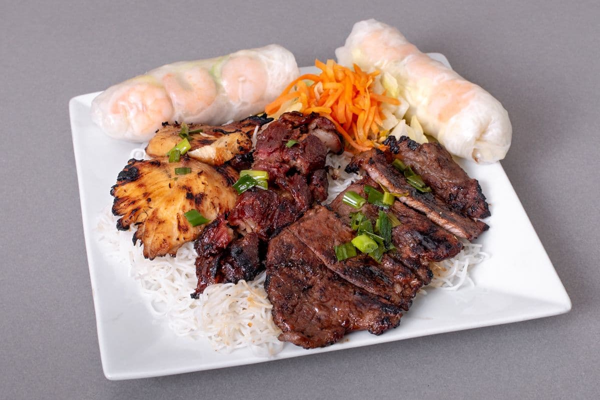 201. Vietnamese Combo with Grilled Beef, Grilled Chicken, Broiled Pork, and Your Choice of Spring Rolls (2 pcs) or Fresh Rolls (2 pcs)