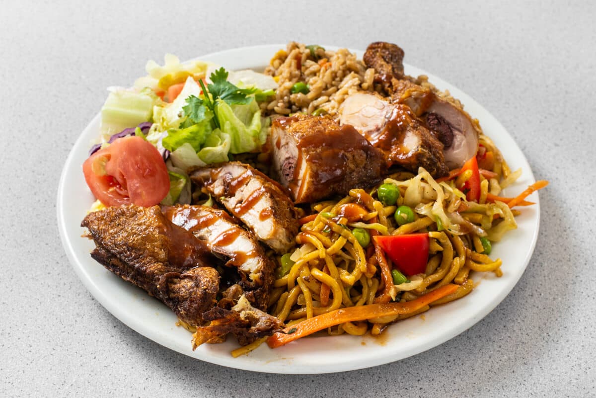 #1 Vegetable Chow Mein, Vegetable Fried Rice with Fried Chicken Dish