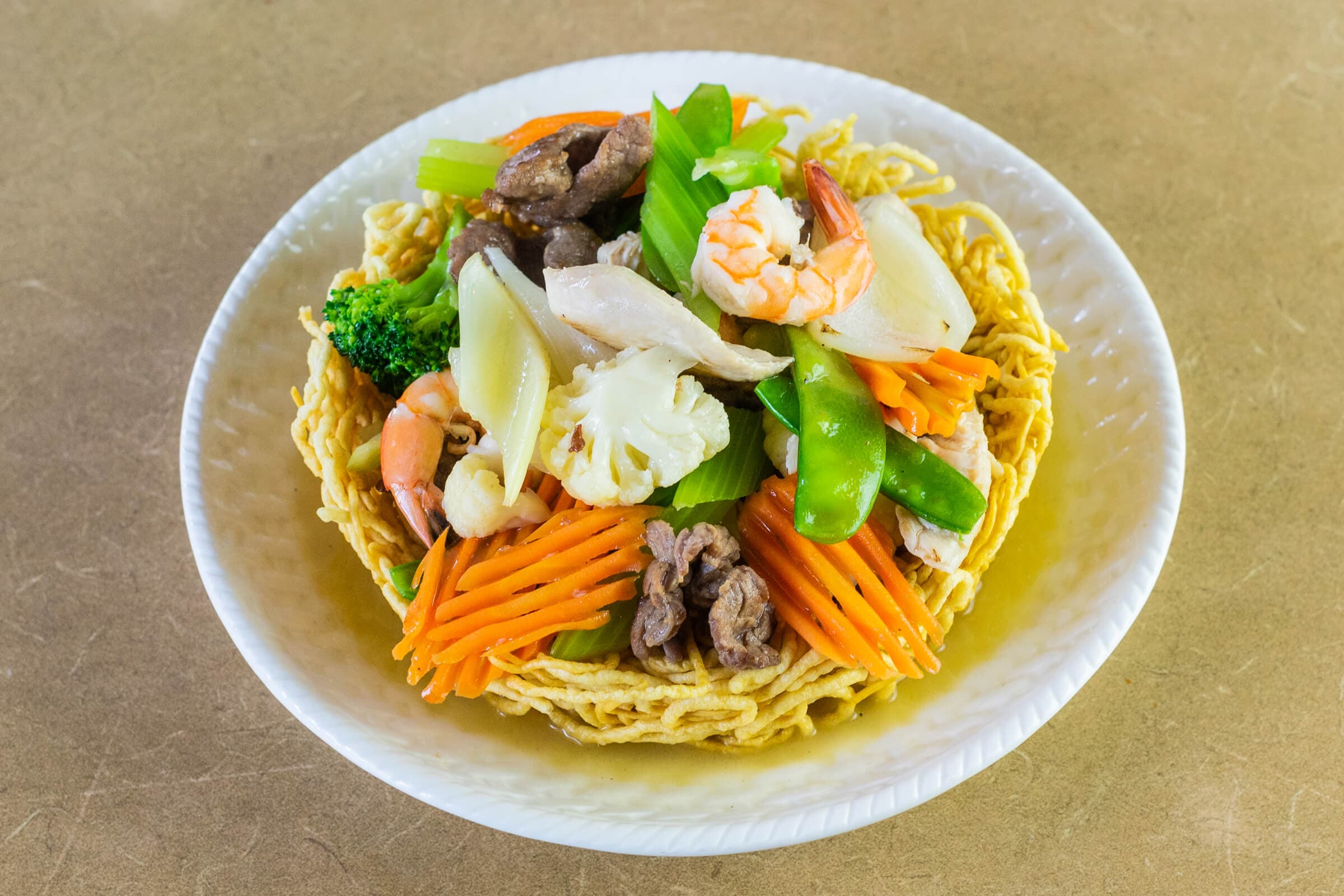 101. Meat and Prawns Stir Fried with Vegetables and Egg Noodles