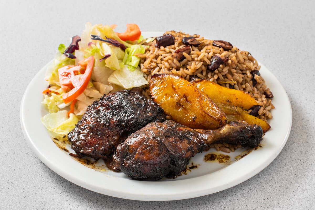 Jerk Chicken(with Bone) with Rice or Vegetable Chow Mein Dish