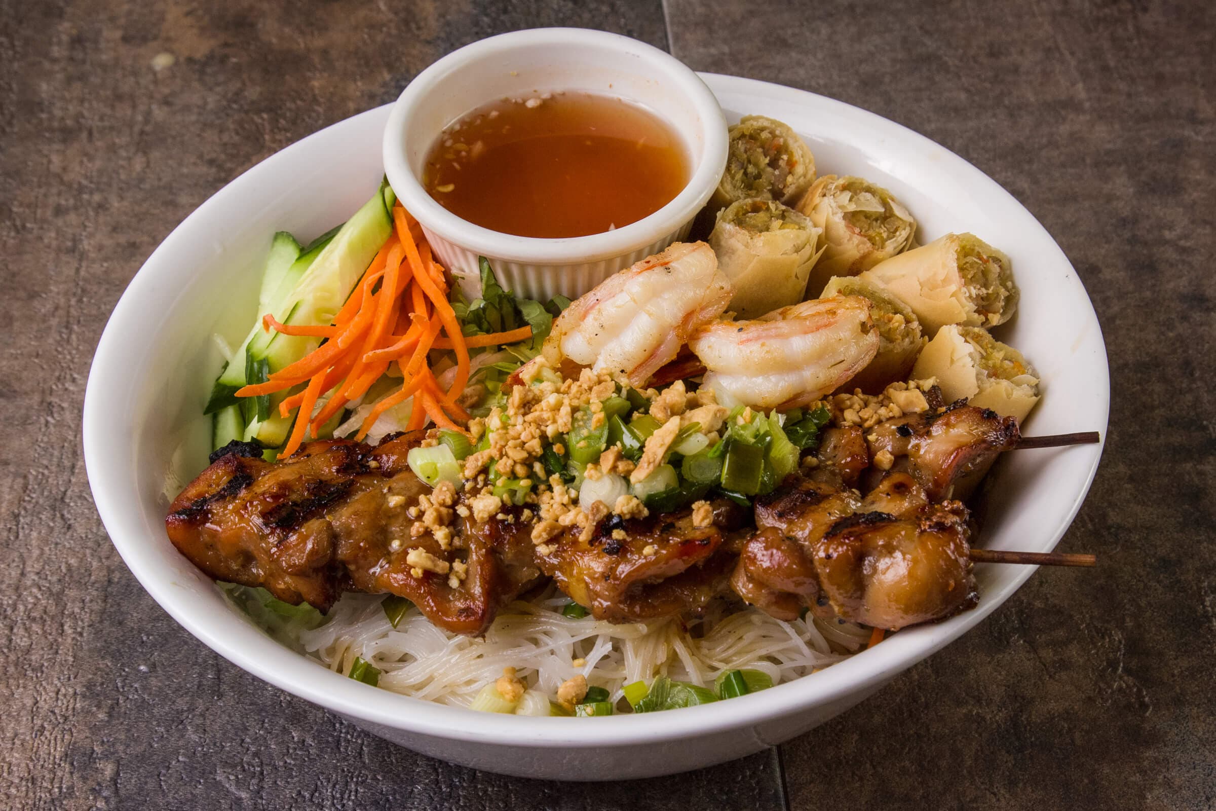 Grilled Lemongrass Chicken and Jumbo Prawn Vermicelli Bowl - Bun Ga Nuong, Tom Nuong, Cha Gio
