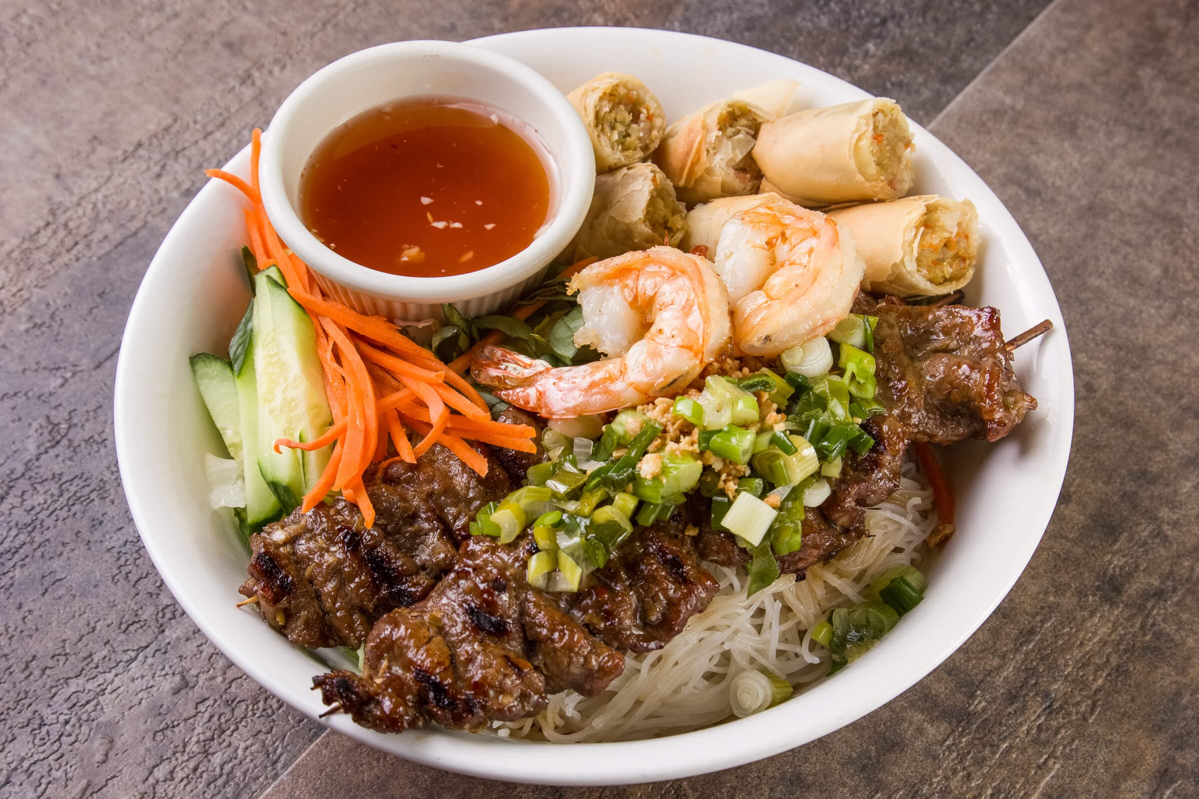 Grilled Beef and Jumbo Prawn Vermicelli Bowl - Bun Thit Nuong, Tom Nuong, Cha Gio