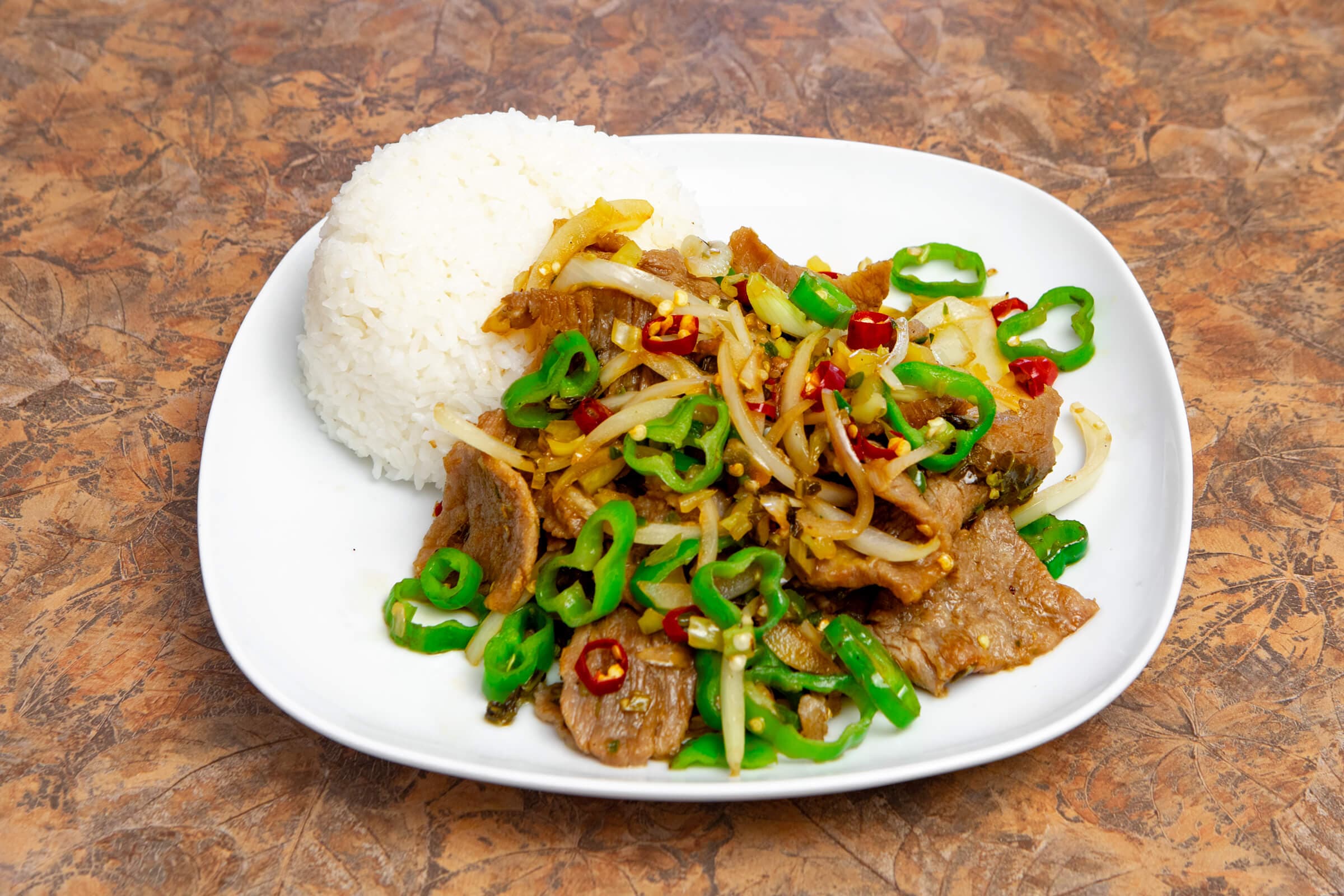 3. Hunan Fried Beef in Spicy Peppers with Rice
