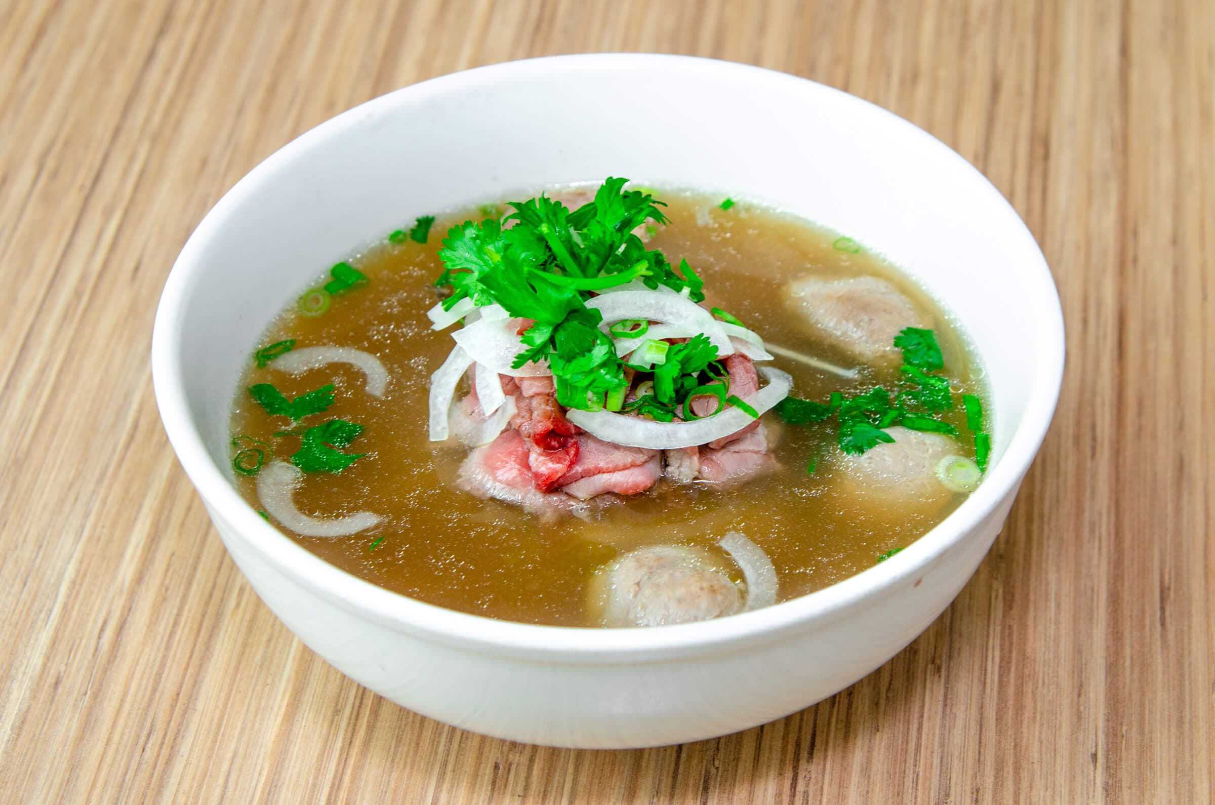 42. Rare Sliced Beef and Beef Meatballs Noodle Soup - Pho Tai Bo Vien