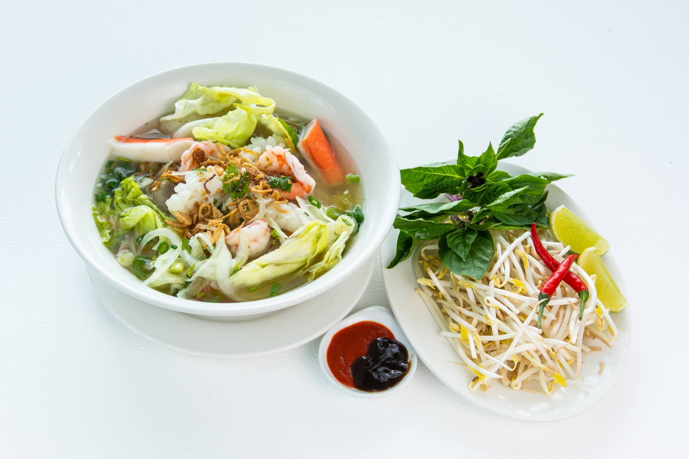 43. Rice Noodles with Shrimp, Crab Stick, Squid, and Pork in Chicken Stock