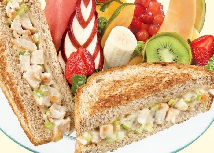 Chicken melt with fruit (910 Cals.)