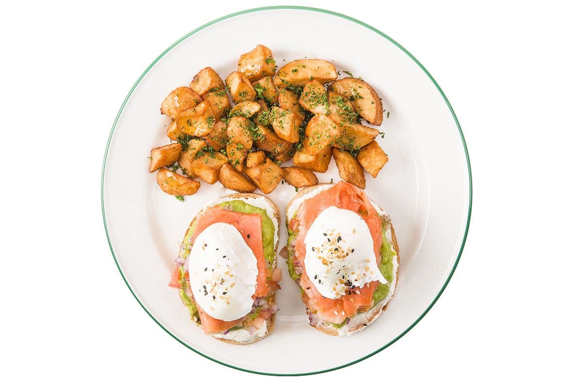 2 avocado and smoked salmon toast with potatoes
