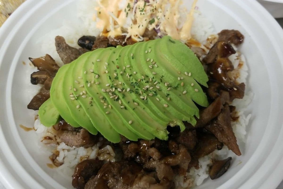 2. "Best Seller" Teriyaki Beef and Avocado Rice Bowl (with K- Cabbage Salad)