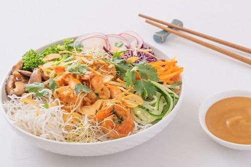 Grill Shrimp Chilled Noodle Bowl with Savory Ginger Tamari Sauce