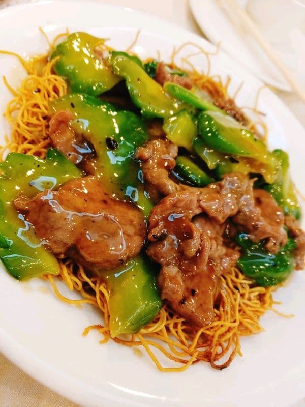 70. Beef with Bitter Melon Chow Mein