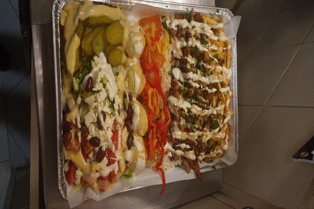 Chicken Doner Kebabs with Fries and Hummus