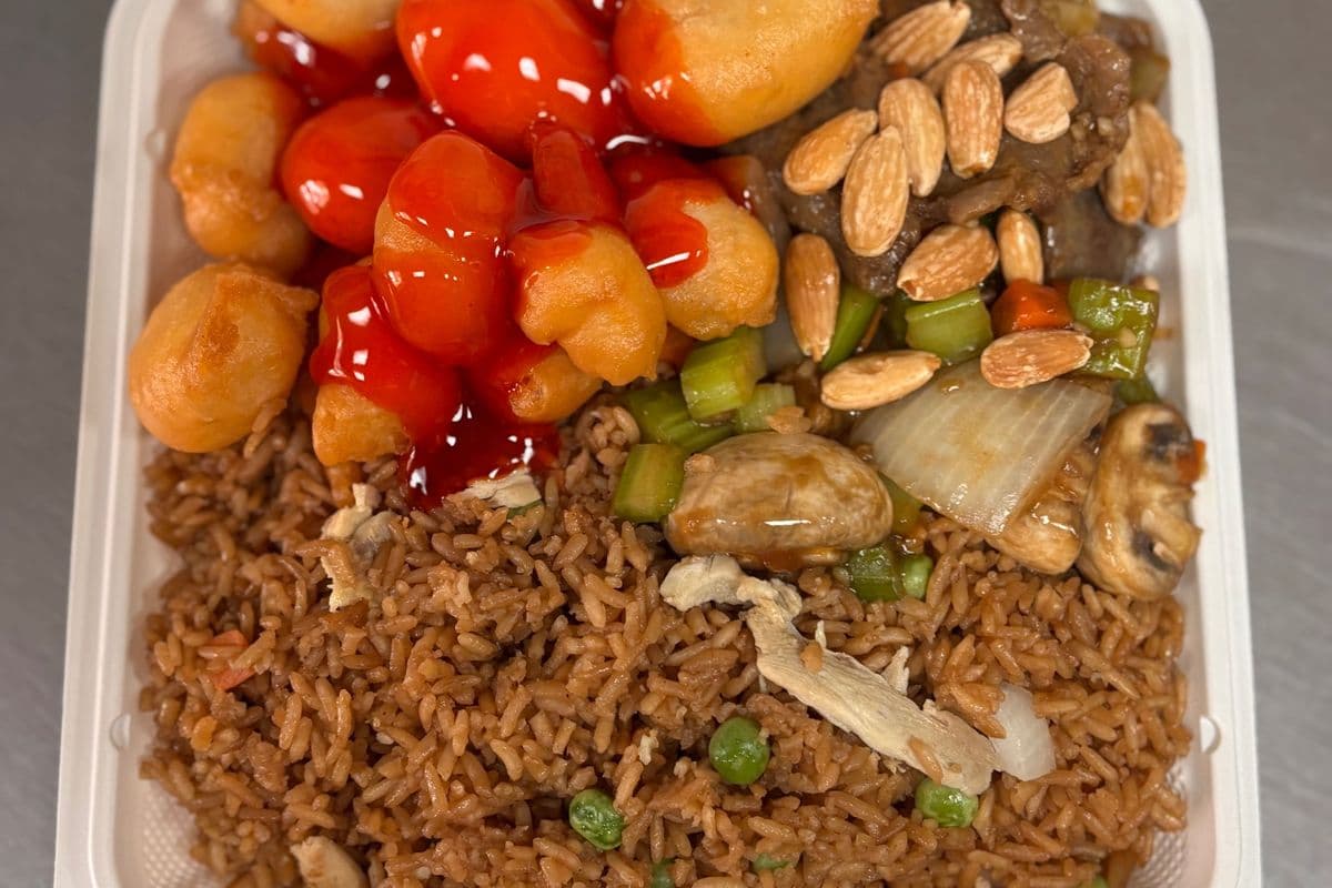 C3. Egg Roll Sweet and Sour Chicken Beef with Veggies and Almonds Chicken Fried Rice