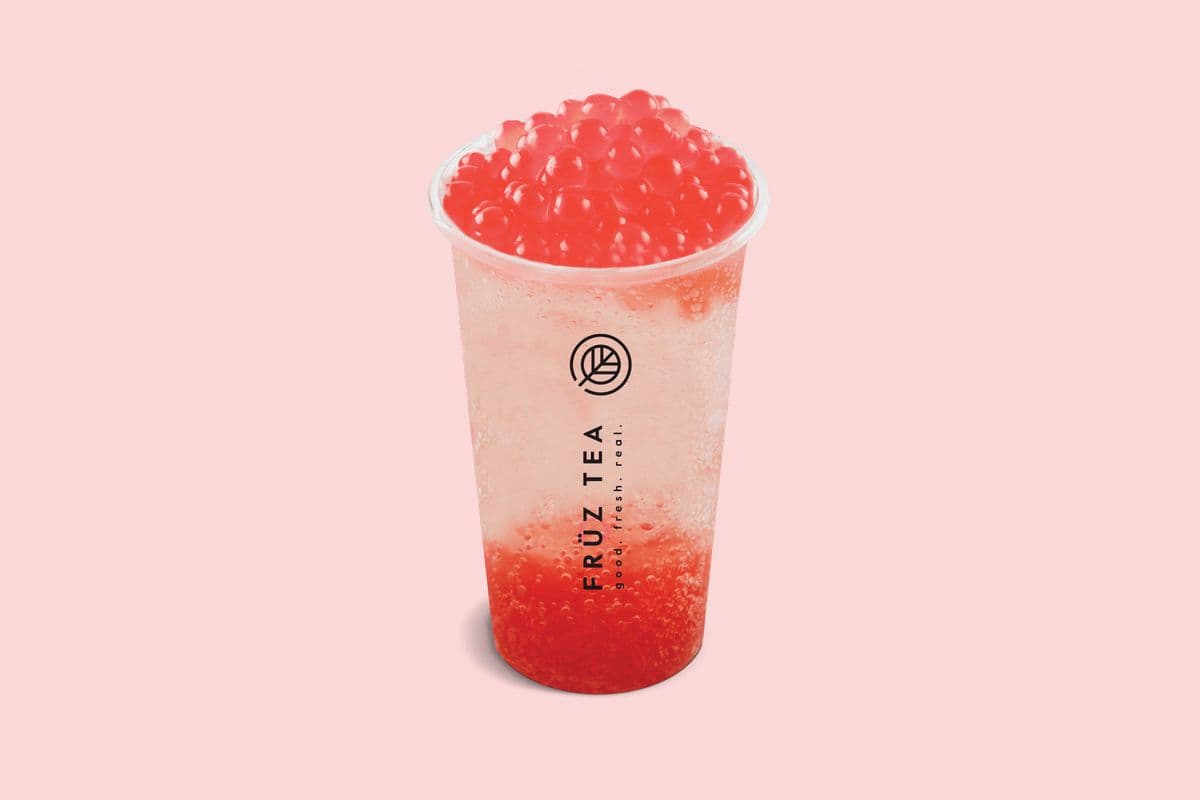 Lychee Soda with Strawberry Popping Boba (360 Cals)
