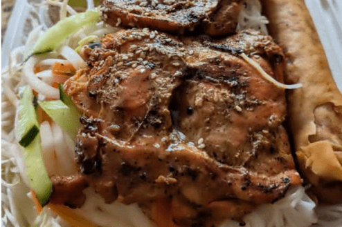 #73. Veggie Marinated Grilled Lemongrass Chicken and Fried Rolls