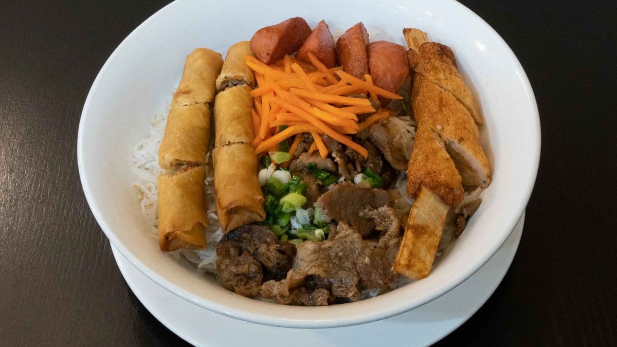 48. Shrimp Sugarcane, Grilled Pork, Grilled Pork Meatballs & Spring Rolls on Rice Vermicelli