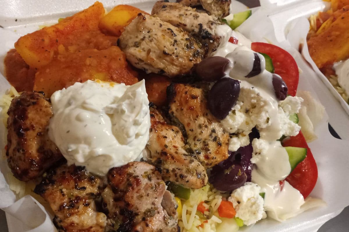 Chicken Souvlaki Diner with Greek Salad Rice