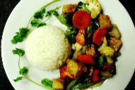 64. Stir-Fried Vegetables and Tofu on Steamed Rice