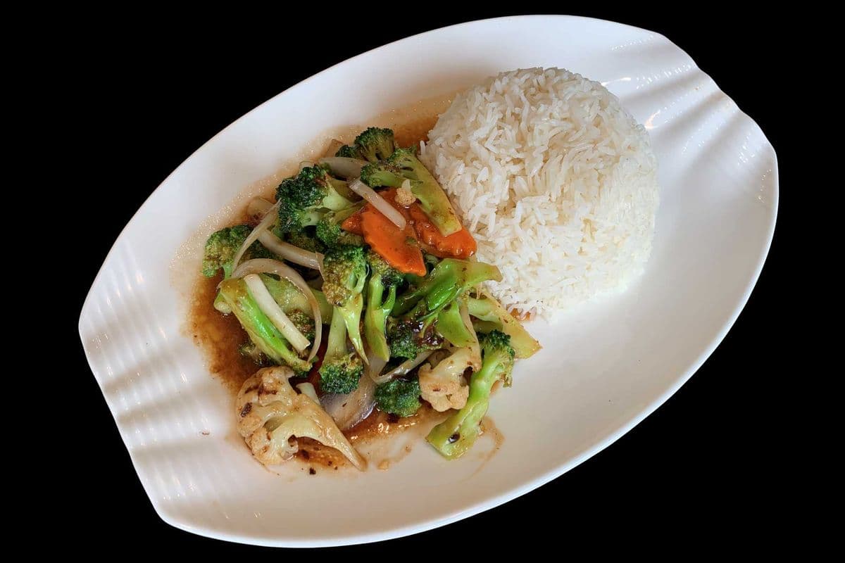 108. Fried Mixed Vegetables with Black Bean Sauce on Steamed Rice