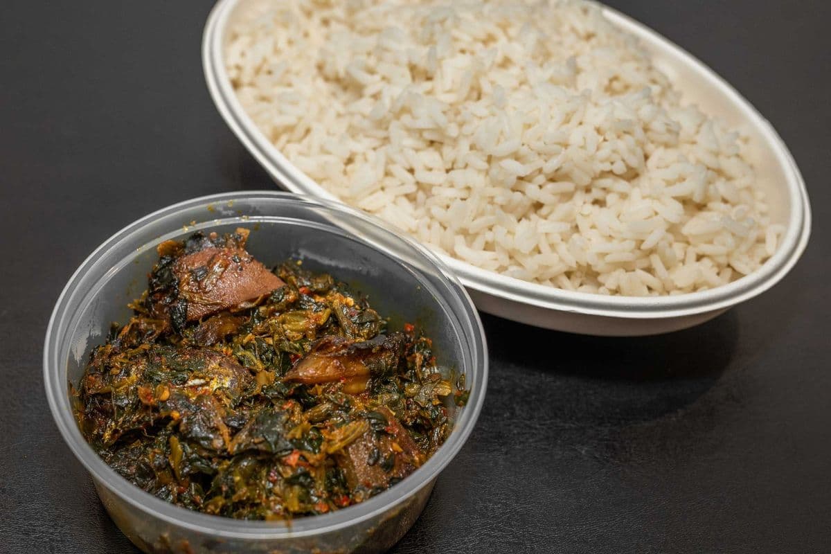 Steamed White Rice with Efo Riro (Vegetable Soup)