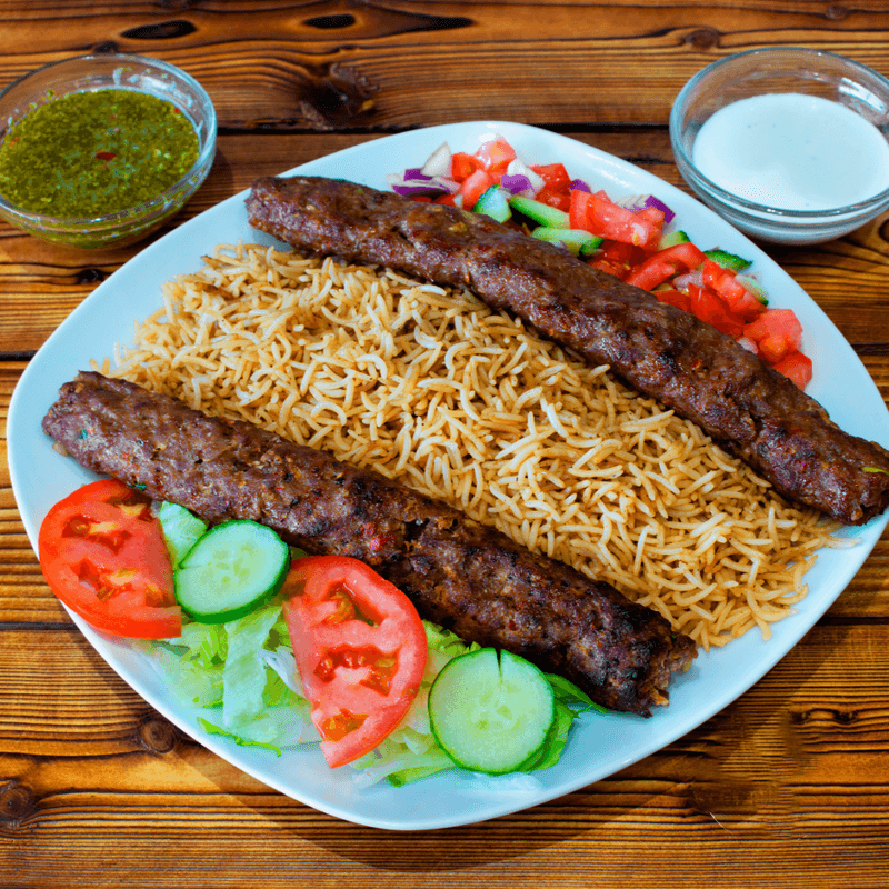 Beef Seekh Kababs (2 pcs) with Rice and Salad