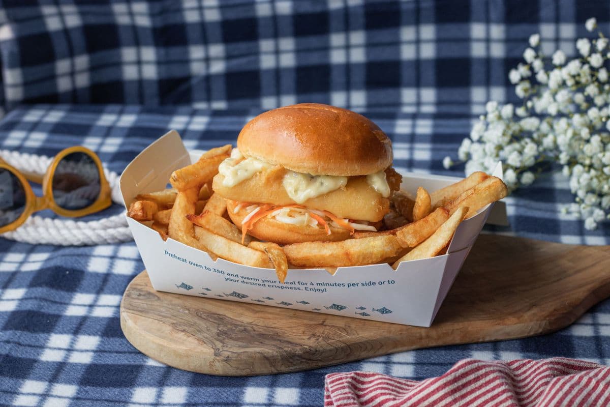 Halibut Fish Burger and Chips