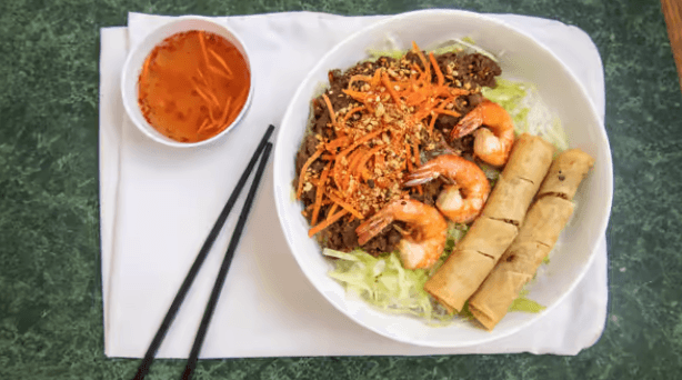 24B. Satay Beef and Spring Rolls on Vermicelli - Bun Bo Sate and Cha Gio