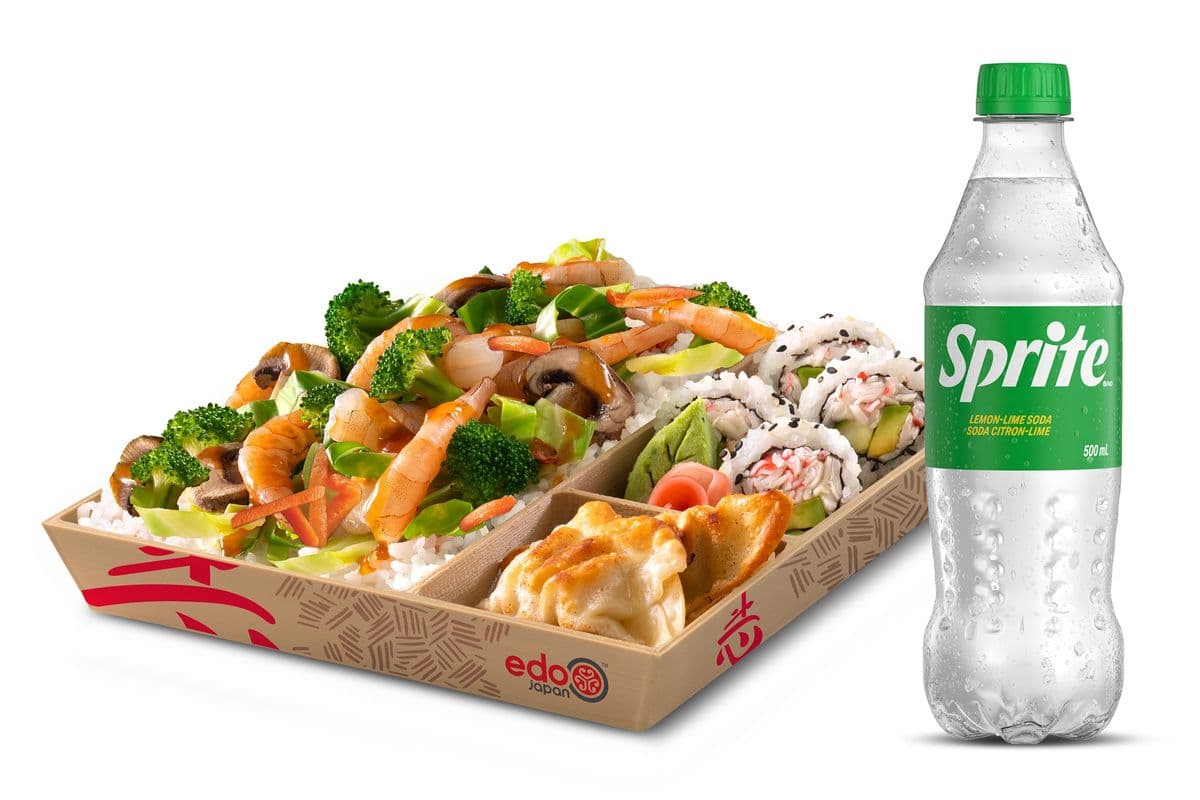 Sizzling Shrimp Bento Box & Bottled Pop