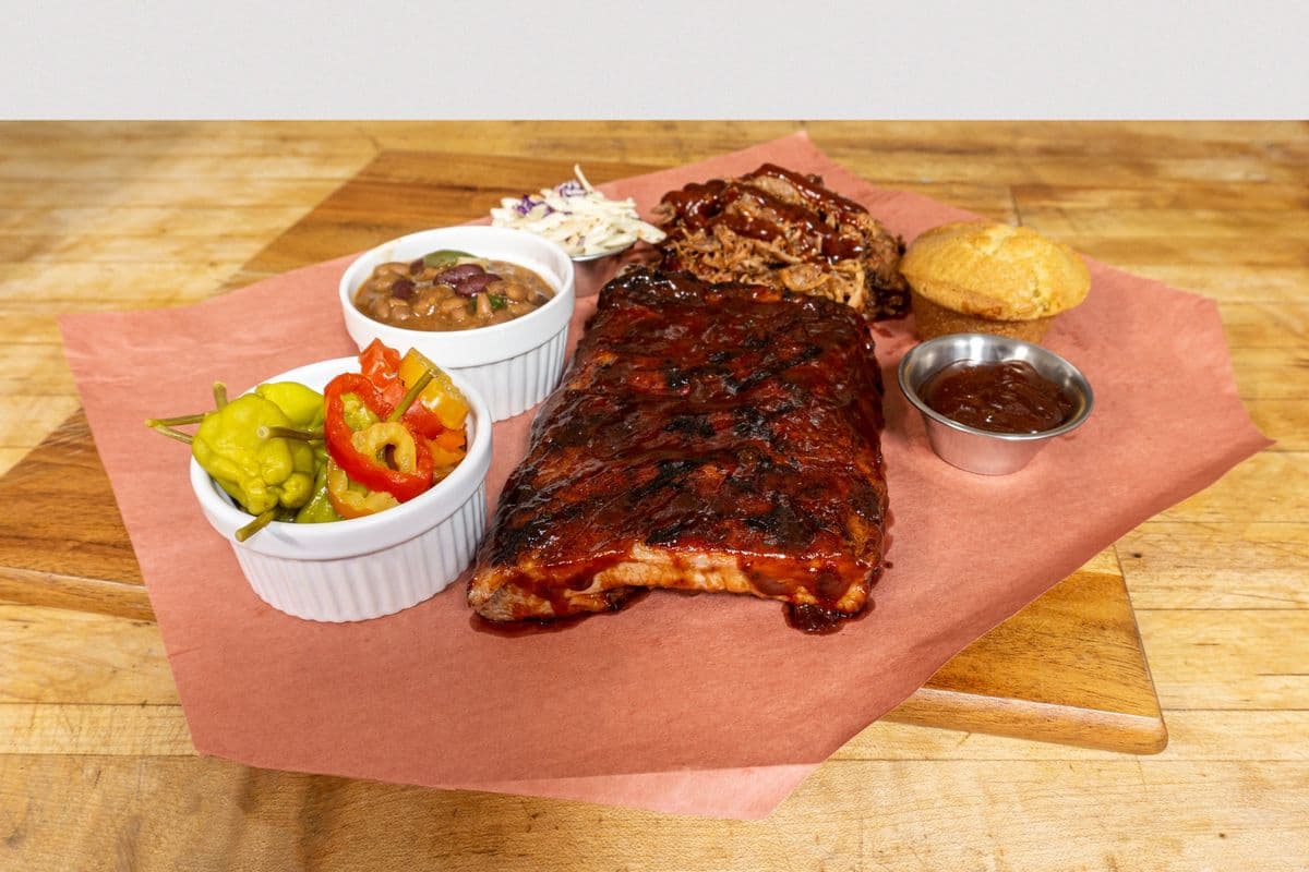 Pork Ribs & Pulled Pork Dinner w/ Crazy Baked Beans & One Side