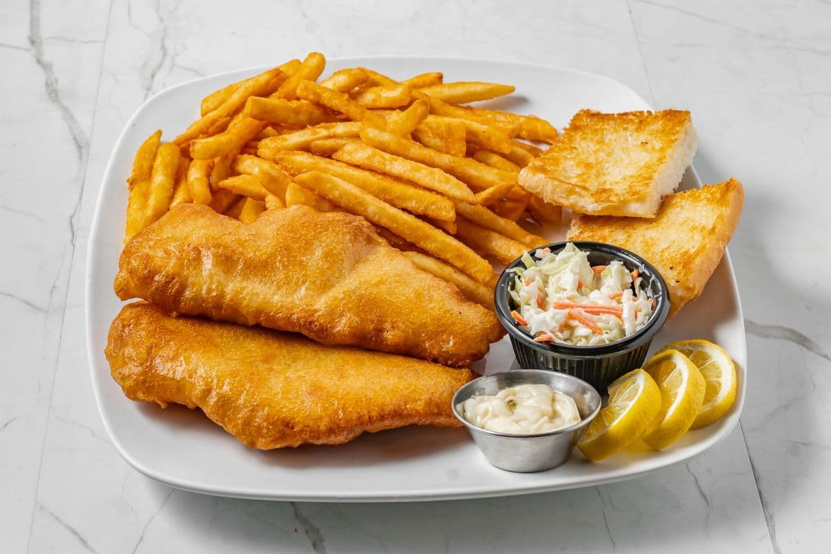 Two Pieces of Haddock (4 oz) and Fries with Coleslaw and Tartar Sauce