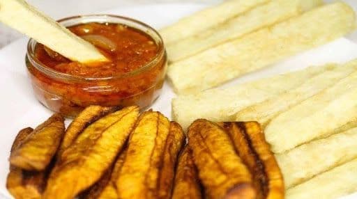 Fried Yam, Plantain and Tilapia Fish with Two Pieces of Meat or Fish