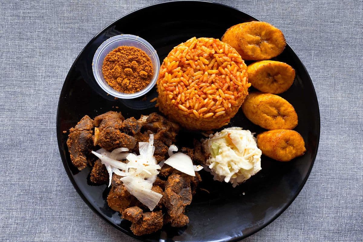 Suya Goat with Smoky Jollof