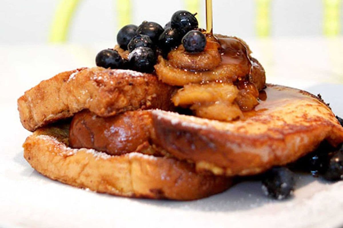 French Toast with Caramelized Banana and blueberries