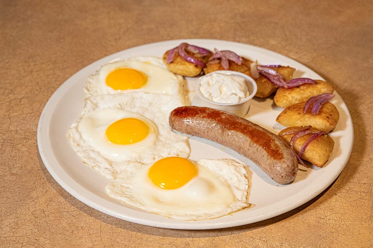 Perogies, Eggs, and Bratwurst Sausage