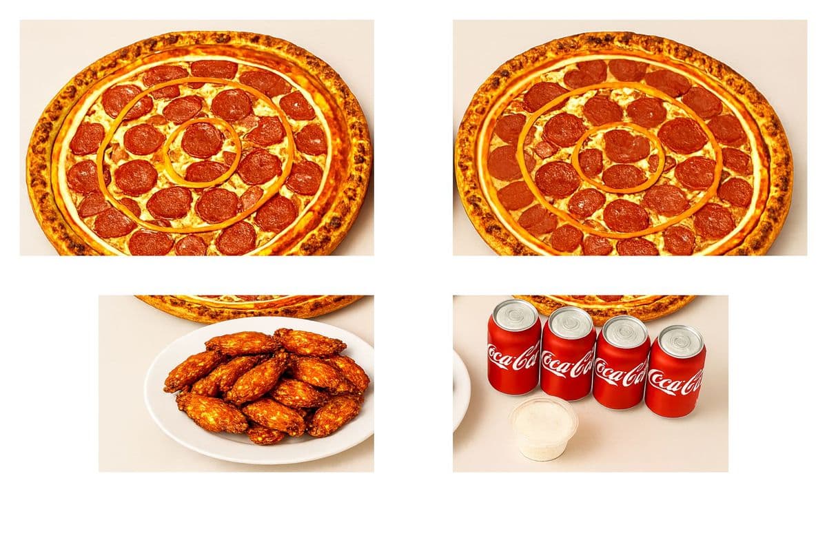One Large with Three Toppings Pizza, Wings (10 pcs), Two Pops, and One Dip