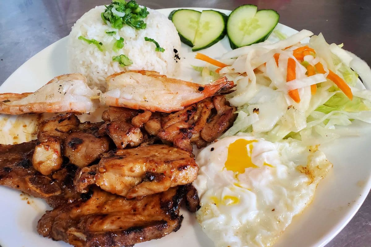 46. Grilled Chicken, Fried Egg, and Tiger Shrimp