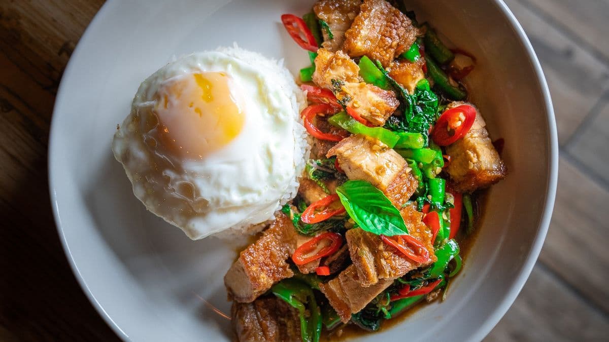 Pad Ka Pao Crispy Belly Pork with Fried Egg