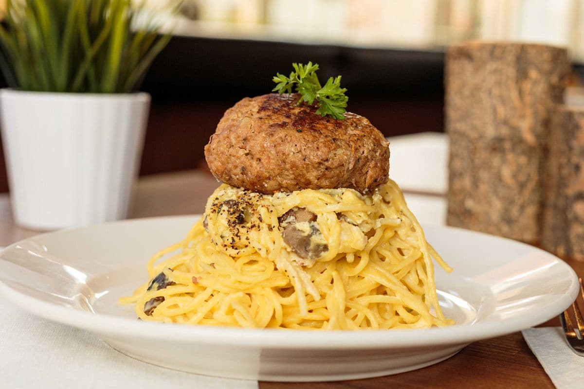 Carbonara Spaghetti with Hamburger Steak