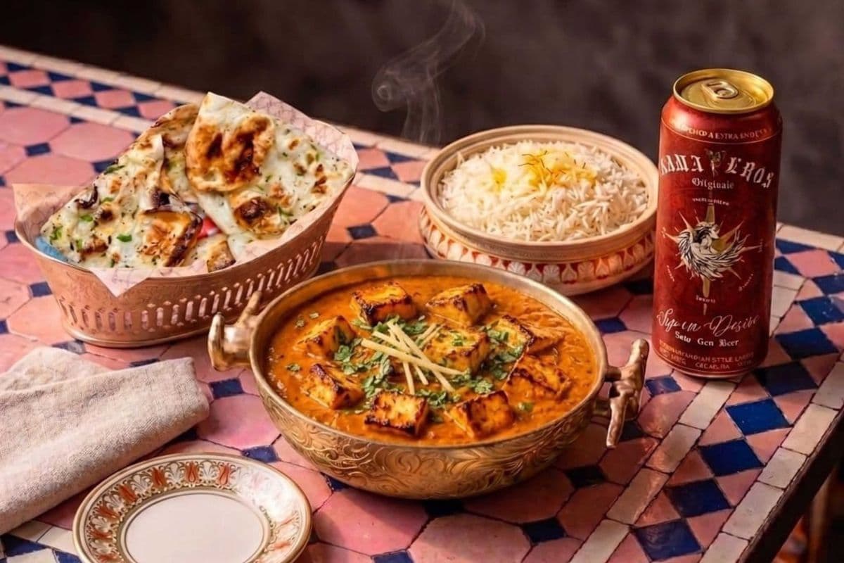 KAMA EROS INDIAN BEER WITH PANEER TIKKA MASALA PLAIN BASMATI RICE GARLIC NAAN