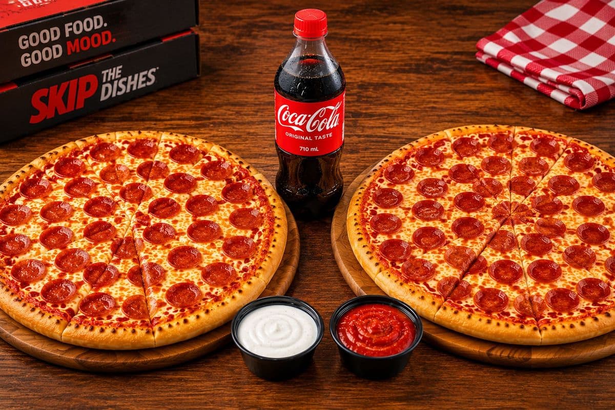 2 Large Pepperoni Pizza, 2 dipping sauce & 710 ml coke