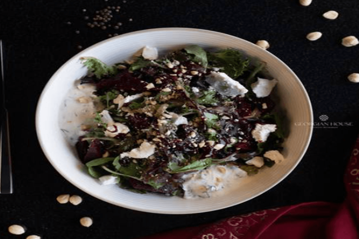 Stewed Beetroot Salad with Goat Cheese and Matsoni