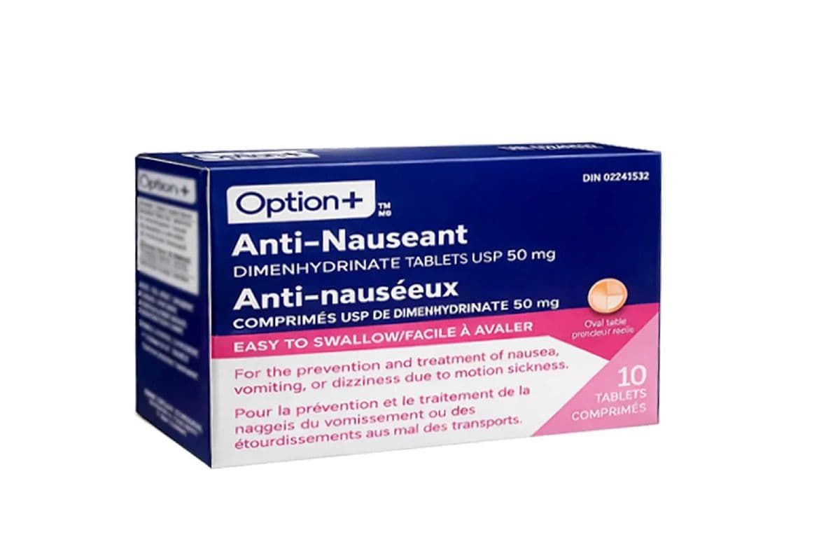 OPTION+ ANTI-NAUSEANT DIMENHYDRINATE 50MG EASY TO SWALLOW TABLETS 10 PACK (10 TABLETS)