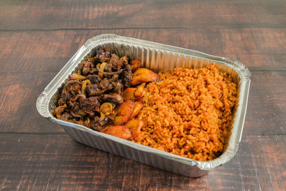 Jollof Rice, Peppered Gizzard and Plantain combo.